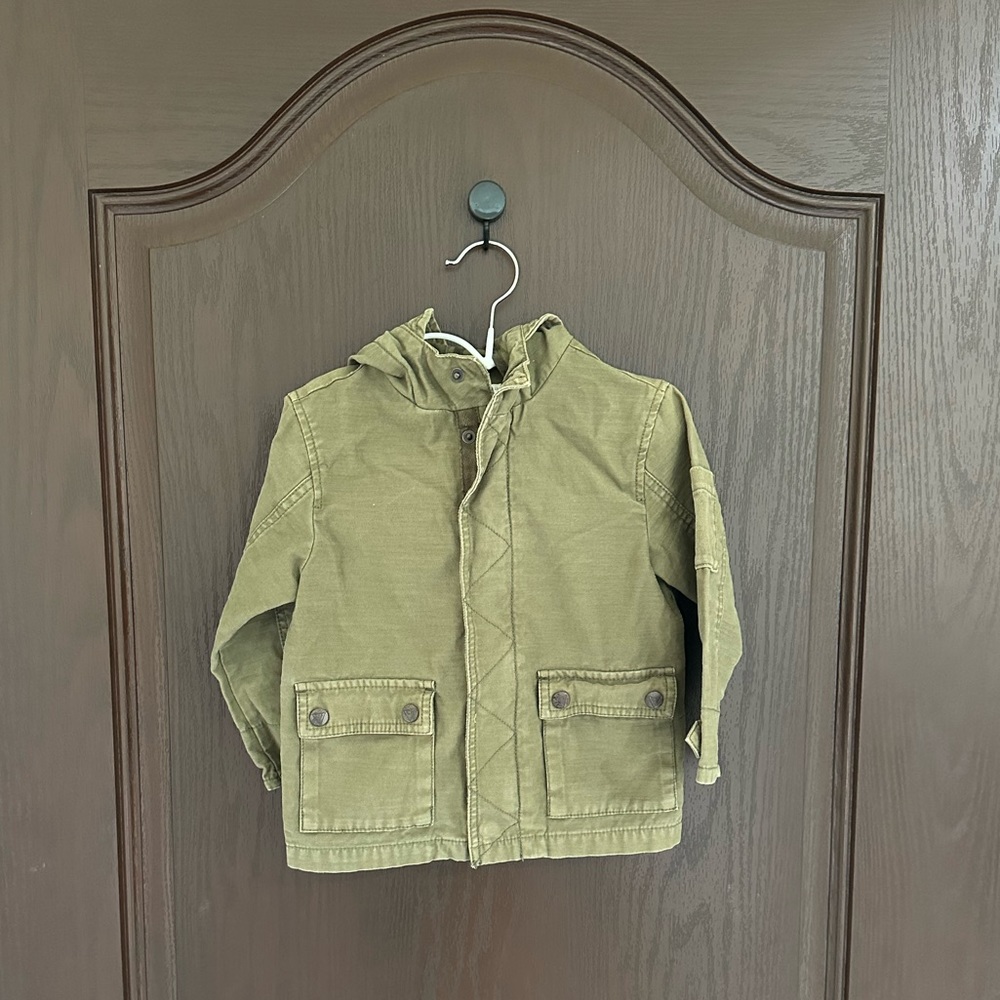 ZARA Boy Army Green Hooded Jacket Large Pockets 100% Cotton Casual 18-24M